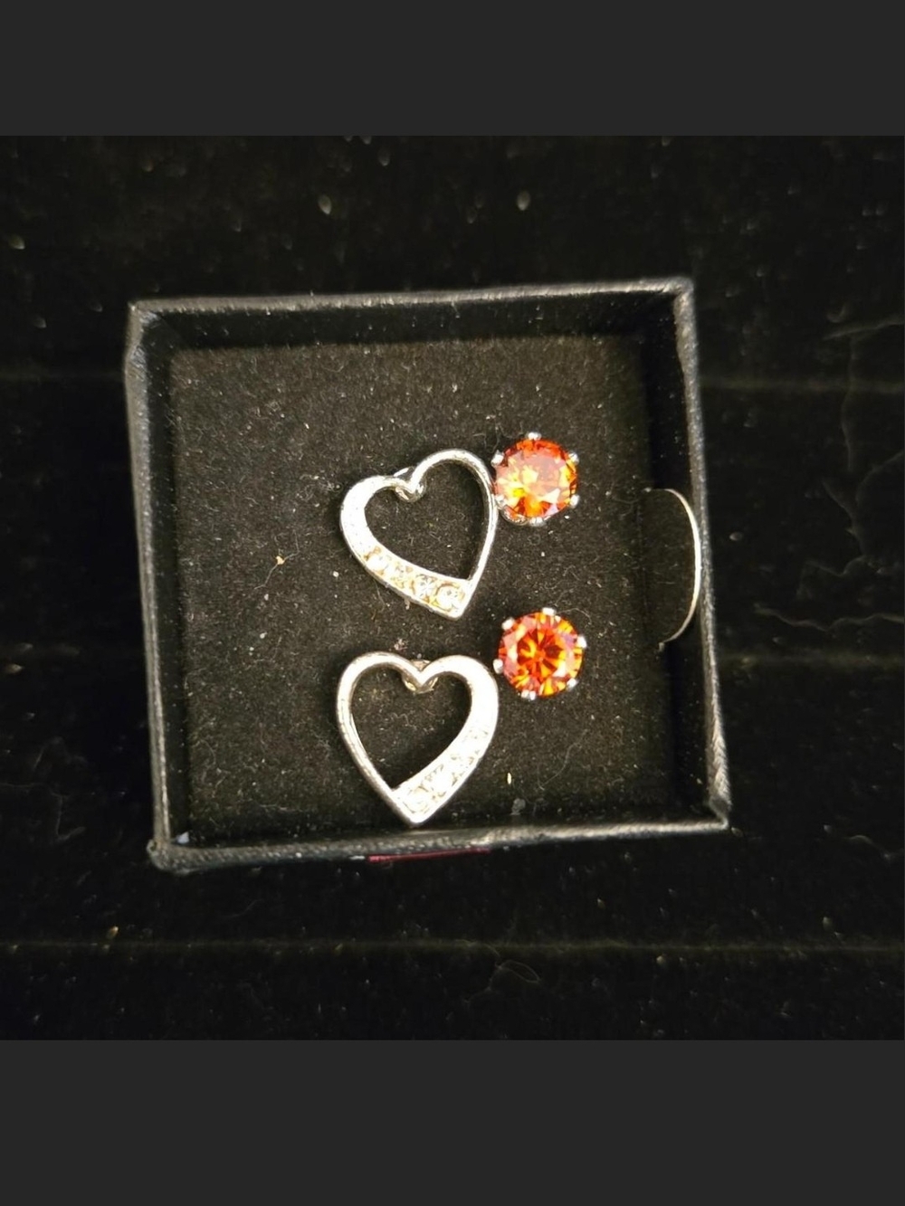 Silver Heart Drop Earrings with Bright Red Crystal Studs
